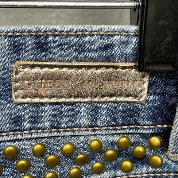 Guess Denim Blue Embellished Distressed Jean Mini Skirt Size 29 - Picture 7 of 12